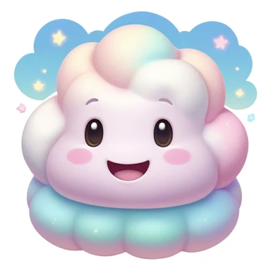 Cinematic fluffy pastel marshmallow character, soft round edges, tiny sparkly eyes, a small happy smile, glowing warmly, floating in a dreamy soft sky. sticker