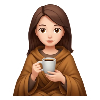 Girl cozy by the fire with brown blanket and coffee sticker