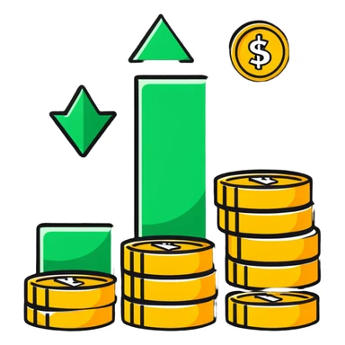 green upward arrow next to three stacks of gold coins in ascending height sticker