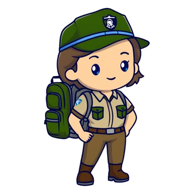 white woman park ranger with gray and brown hair, blue eyes, wearing a backpack sticker