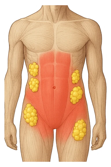 corpo umano anatomico con addome e fianchi segnati in rosso, grappoli di cellule adipose gialle su fianchi e addome sticker