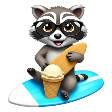 racoon wearing glasses eating ice cream and riding a surfboard sticker