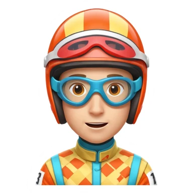 horse race jockey portrait, head and shoulders only, bright patterned racing uniform, helmet and goggles, energetic expression, 3D cartoon, mobile game icon style, clean background, no text, no watermark
 sticker