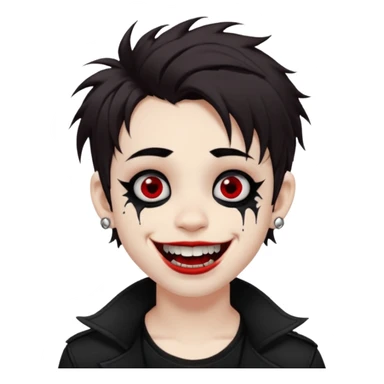 Laughing pale Goth boy with a bunch of face piercings, with shaggy dark brown hair, and messy black eyeliner , smudged, red, lipstick  sticker