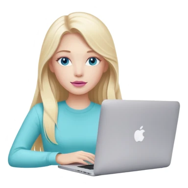 blonde long hair girl using macbook emoji. she has blue eyes and there is tatcha longevity cream (teal colour) and Summer fridays lip balm (pink sugar) in front of the laptop sticker