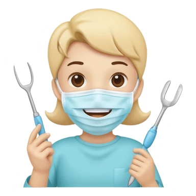 Cute tooth character wearing a face mask, holding dental tools, friendly and clean emoji style, flat illustration, simple design, white background. sticker