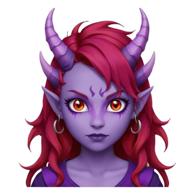 Demon Girl Purple Skin Dragon Horns Black Eyes Red Glowing Pupils Auburn Haired Red Shirt  sticker