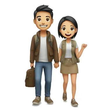 Cute young  Asian couple excitedly traveling  sticker
