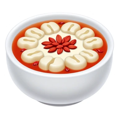 Sweet white fungus soup with red dates and goji berries, simplified emoji style with bold outlines and bright colors, cartoon style Yin Er Tang dessert sticker