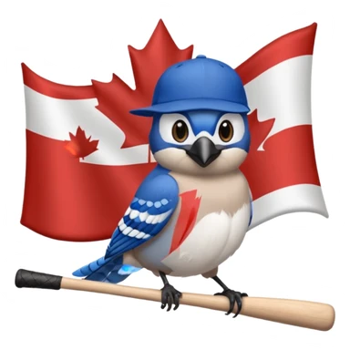 bluejay standing swinging bat, toronto blue jays baseball hat, background canadian flag
 sticker
