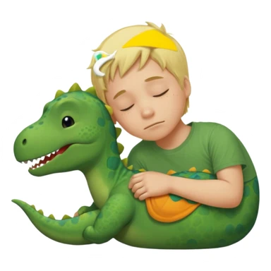 Blond boy sleeping wearing a green dinosaur t-shirt sticker