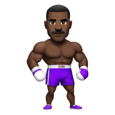 Evander Holyfield in his prime, in boxing attire, purple shorts, with guard half up sticker