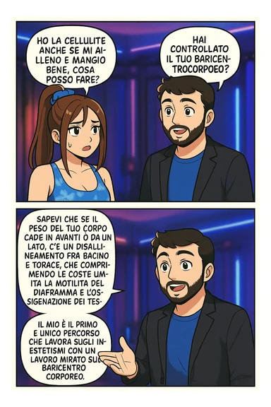 TRASFORMA QUESTO CAROSELLO IN UN FUMETTO STILE MANGA A COLORI CON QUESTE DUE PERSONE IDENTICHE CHE INTERLOQUISCONO TRA LORO:

LEI: Ho la cellulite anche se mi alleno e mangio bene, cosa posso fare?

LUI: Hai controllato il tuo baricentro corporeo?
LUI: Sapevi che se il peso del tuo corpo cade in avanti o da un lato, c’è un disallineamento fra bacino e torace, che comprimendo le coste, limita la motilità del diaframma e l’ossigenazione dei tessuti?
LUI: Il mio è il primo e unico percorso che lavora sugli inestetismi con un lavoro mirato sul baricentro corporeo. sticker