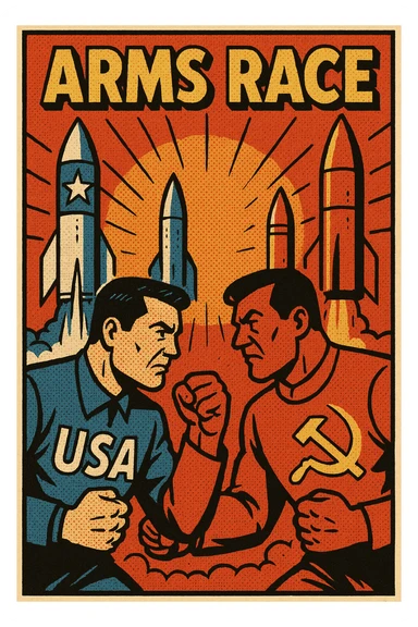 An poster showing the image of an ARMS RACE between the USA and Soviet Union during the Cold War with images of nuclear missiles sticker