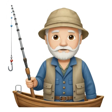 an old white haired, bearded man in fisherman attire, stood in a boat at sea, holding a fishing rod and catching fish with it. sticker