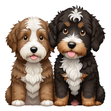 2 dogs: one light brown Aussiedoodle, one all-black Bernedoodle with white eyebrows some white markings, no brown coloring. Both same size. sticker