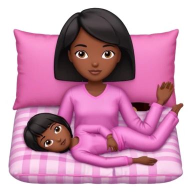 Dark skin Black barbie, short  black bob  hair, pink pajamas laying on pillow just me  sticker