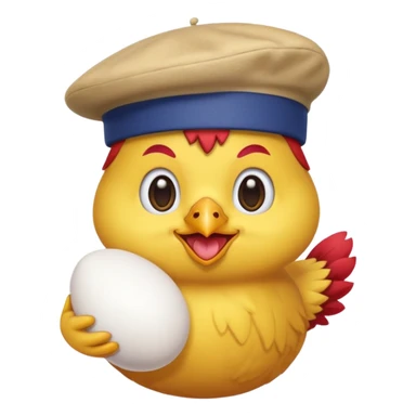 chicken wearing a French beret holding an egg, emoji style sticker