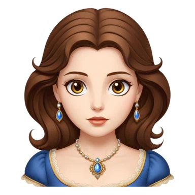 Cinematic Realistic Belle Portrait, depicted with lifelike skin texture, soft natural lighting, and intricately detailed brown hair styled elegantly. Her deep, expressive eyes exude warmth and intelligence, complemented by a serene and graceful expression. She is dressed in her classic attire, with rich fabric textures and delicate folds that catch the light beautifully. The portrait features a soft, enchanting glow with a natural, radiant finish, capturing the essence of timeless beauty in a realistic and painterly style, evoking a sense of depth and authenticity. sticker