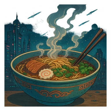 cyberpunk futuristic, space scifi, a bowl of delicious pho, ramen, piping hot sticker