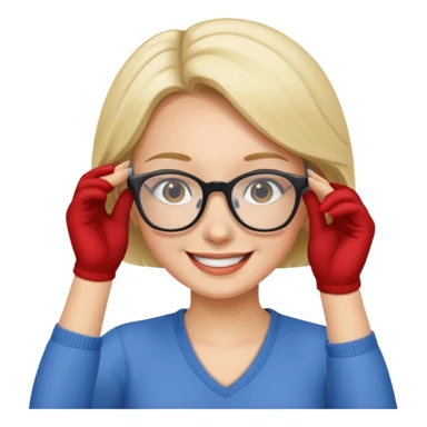 A woman putting on glasses sticker