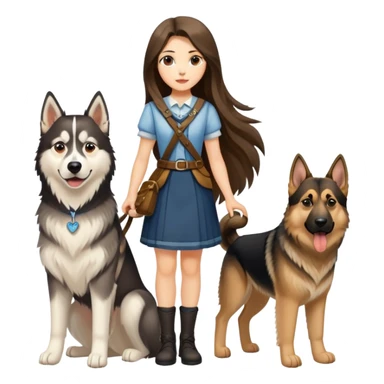 A long-haired girl is leading a husky and a German shepherd sticker