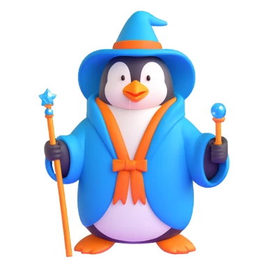 penguin wizard with a blue robe and sparkly wand sticker