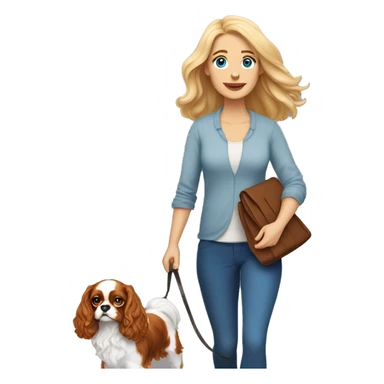 A white woman with blue eyes walks with a cavalier King Charles spaniel sticker