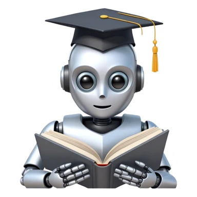 Ai  robot reading a big book with graduation head sticker