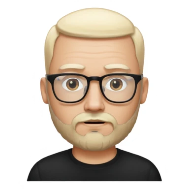 bearded blonde bald man with eyeglasses with black shirt sticker