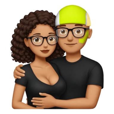 A picture of an embracing tanned couple. the man is a Mexican man with tanned skin, NO GLASSES, with a bald hair cut, short beard and wearing a black shirt. the woman is short with long curly dark brown hair and with big boobs. Put glasses on the woman.  sticker