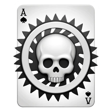 playing card back design in emoji style, bold black and white spiral motif, mechanical sawblade and skull elements, clean and simple emoji look, no text sticker