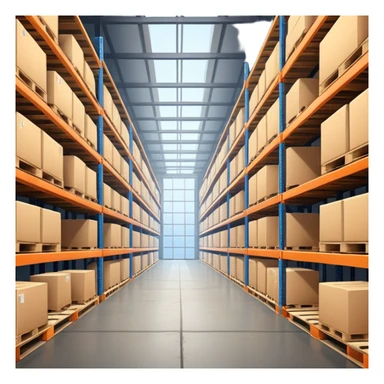 Modern warehouse interior 🏭 ultra-realistic 4K 📸 industrial shelves 📦 pallets stacked neatly 🏗️ soft lighting 💡 realistic shadows 🌑 sharp focus 🔎 cinematic depth 🎬 professional photography ✨ sticker