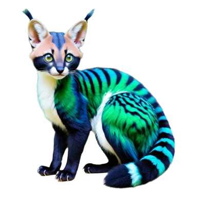 Colorful dark tropical cobalt-blue, black, white fur, with green eyes, iridescent glorious divine exotic cute cool beautiful shiny beautiful fantasy-caracal-civet-genet-sergal-vernid-Cacomistle-Furret-civet-oncilla-animal-Fakémon-hybrid-fursona with pattern markings (full body) sticker