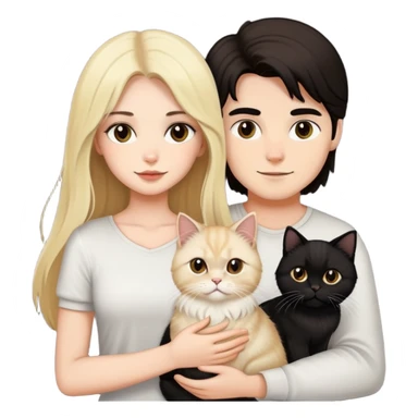 pretty girl with long dark hair holding a blonde persian cat beside her boyfriend holding a small black cat sticker