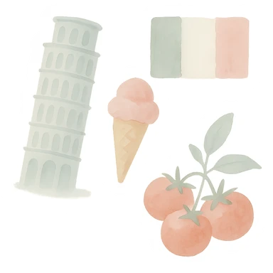 Italian symbols in watercolor style with white, green, and pink pastel tones sticker