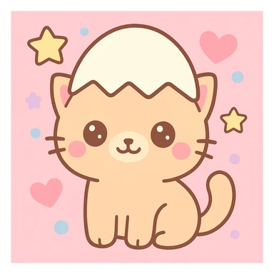 Add a playful, colorful background behind the adorable kitten with an egg hat, in kawaii style. sticker