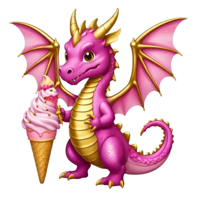 A dragon with its shiny glittered wings in pink tones and pink and gold legs, eats vanilla and chocolate ice cream sticker