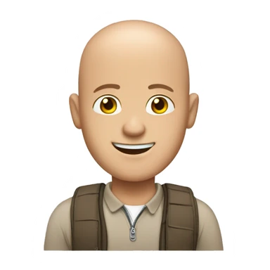 A male tour guide with no hair, friendly smile, sticker