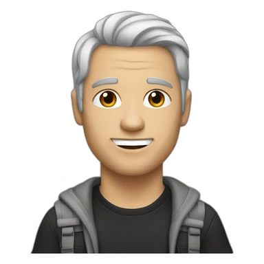 a shaved white man, with long dark brown hair, with a black t-shirt sticker