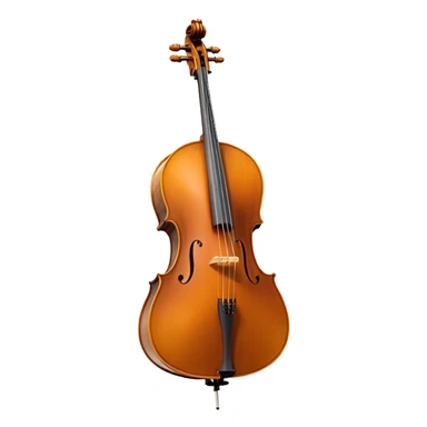 Create a refined and detailed emoji representing a Cremona 4/3F 4/4 cello with a bow. The design should feature the smooth, polished wooden body of the cello with a deep, rich tone color. The strings and tuning pegs should be visible, emphasizing the instrument's fine craftsmanship. Add a delicate bow placed gently across the strings, with intricate detailing on the hair and frog. Include subtle musical notes around the cello to evoke the graceful, classical sound. Use warm wood tones and accents like gold and silver for a professional, elegant look. The background should be transparent. sticker