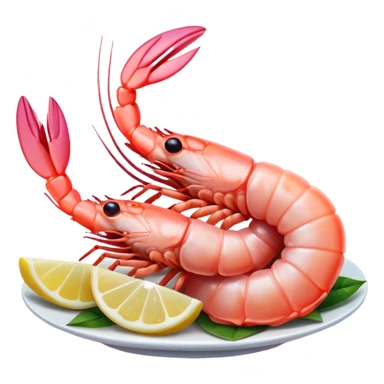 Cinematic glistening shrimp, pink and juicy, slightly curled with a light char, served with lemon wedges, ultra-detailed and fresh, warm glowing background. sticker