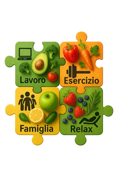 Puzzle (Lavoro, Esercizio, Famiglia, Relax), in lavoro metti icona di un PC, in Esercizio un Manubrio, in Famiglia una famiglia, in Relax qualcuno che riposa and healthy foods are integrated into each piece. in italiano sticker