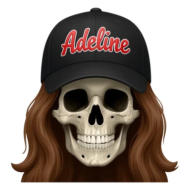 Create a skeleton head wearing a black baseball cap that says " Adeline " in red, and white lettering, with long brown hair sticker