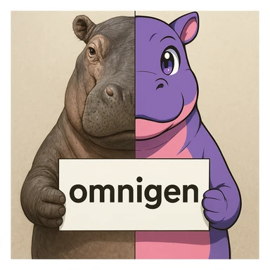 a hippo holding sign of omnigen, half picture hippo is realistic another hald is the anime of that same hippo sticker