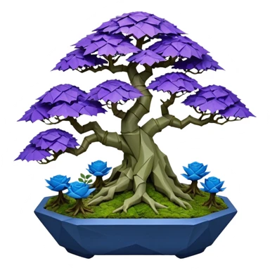 Futuristic wild glowing space alien moss maples Bonsai hair-pine-leaf group multi faceted intricate crystalline inspired boxwood purple rose blue informal rocky cliffhanger eight trees forest planting in shallow origami slab style pot with big animal-like feet  sticker