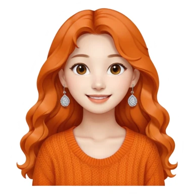 Korean 24-year-old female online shopping mall seller / Orange knit / White face / Earrings / Smiling expression / Long wavy hair / Influencer vibe / Fashionable sticker