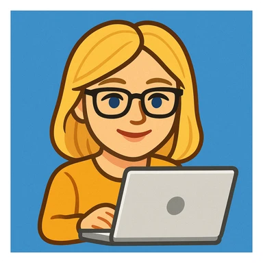 blonde writer woman wearing glasses working on a laptop, twitter style emoji sticker