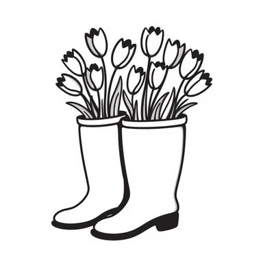 Rubber rain boots/wellington boots with tulip flowers sticking out from the top, in pastel colors (dd9fb0, ffc6d3, a3bfc9, c4bee2, f1b091), hand-drawn doodle style sticker