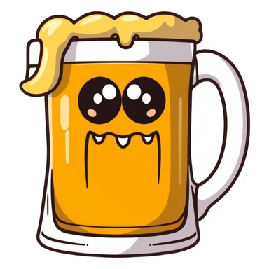 A wobbly beer tankard with monster eyes and sharp teeth like a mimic monster, overflowing with frothy beer sticker